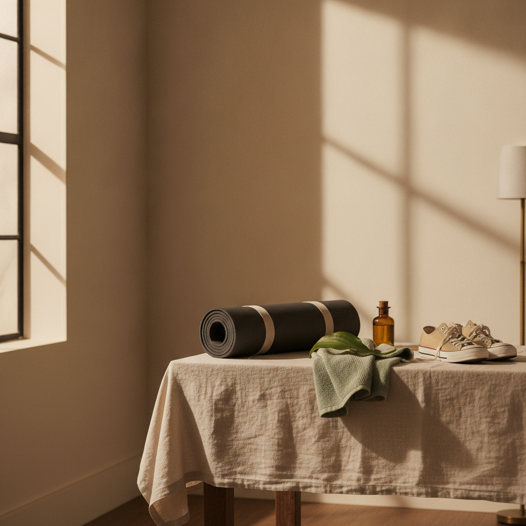 Moodboard: Cremefarbener Raum mit Matte, Handtuch und Ölfläschchen im Morgenlicht